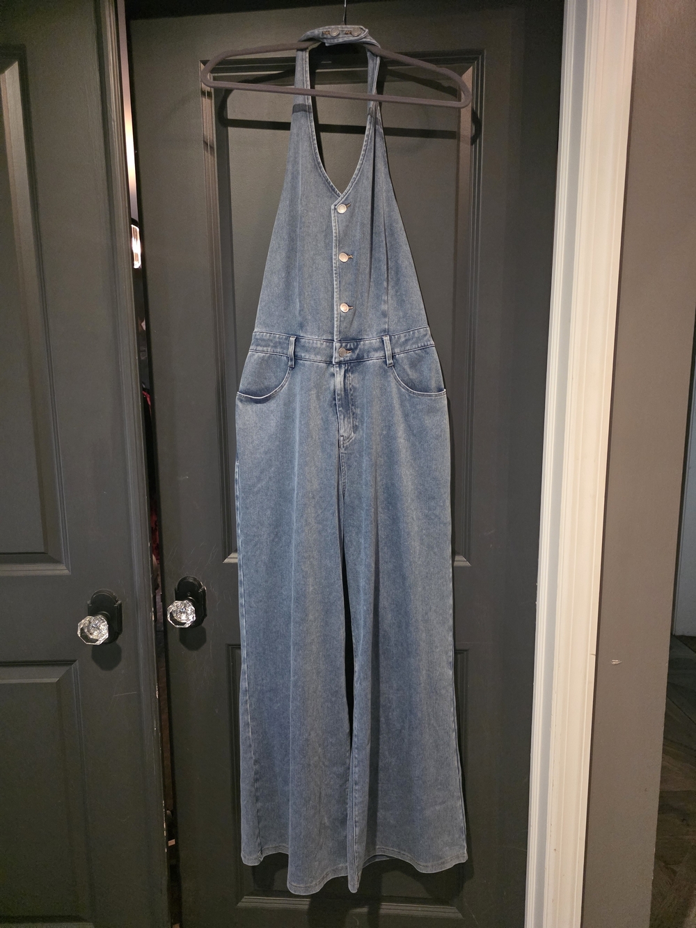 HALARA Light Blue Denim Halter Jumpsuit